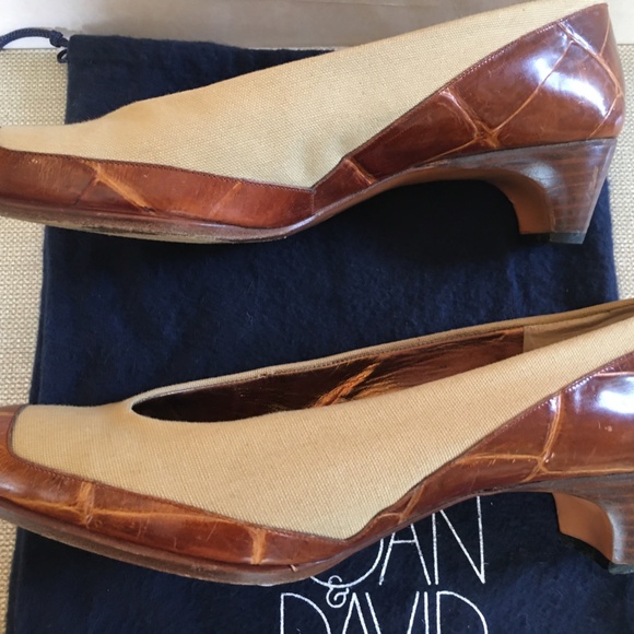 JOAN & DAVID COUTURE Spectator Pumps; Khaki Canvas & Brown Leather; 7-1/2 M - Picture 3 of 6